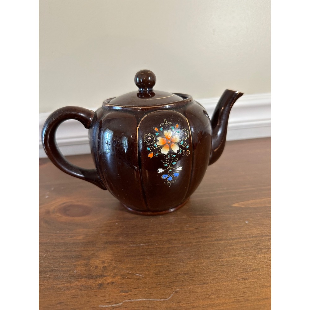 Vintage Brown Glazed Floral Ceramic Teapot Hand Painted Gold Trim Cottage Japan